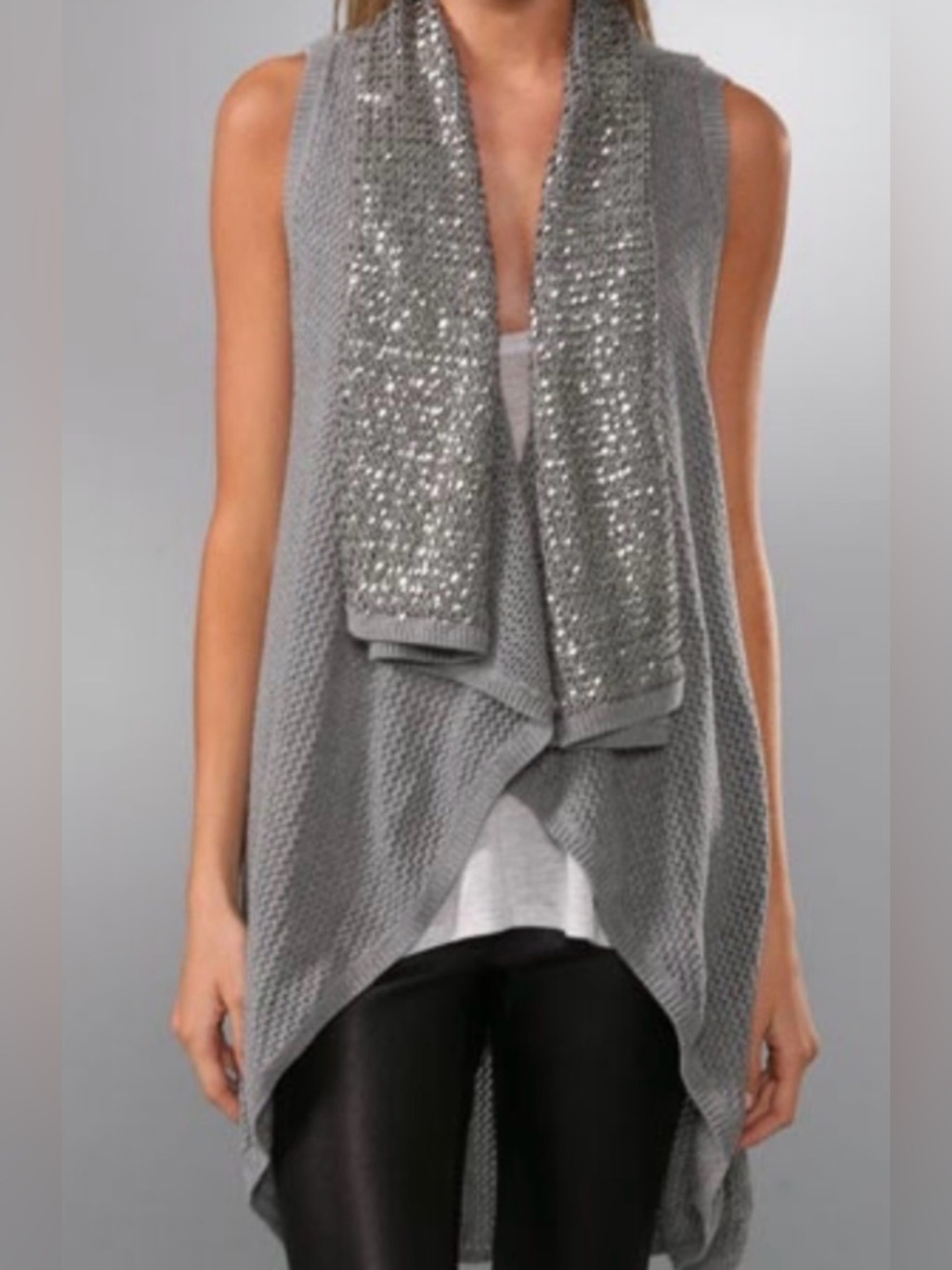 Alice + Olivia sequin waterfall knit vest gray festive cotton evening metallic